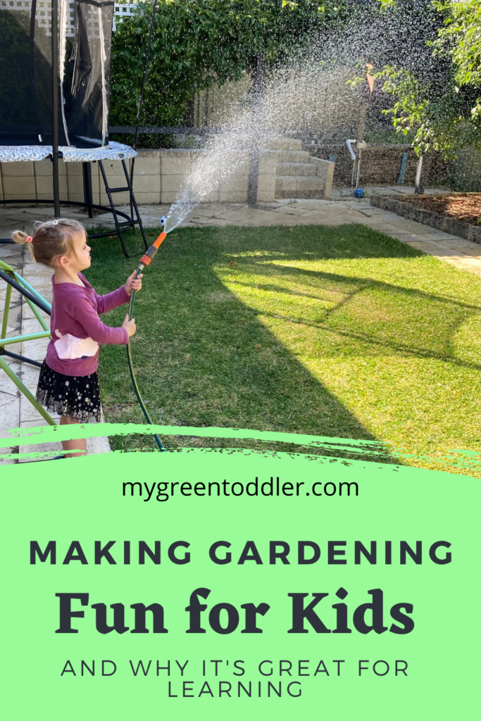 Make Gardening with Kids fun Pinterest pin (Girl watering lawn with hose)