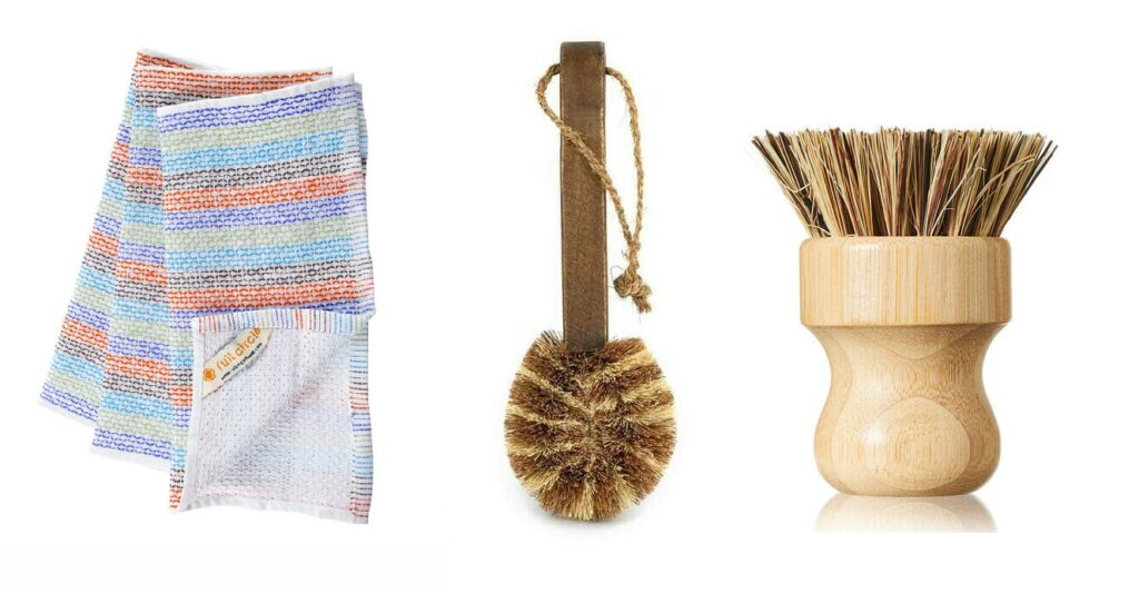 Eco friendly sponge alternatives - coloured cloths and two brushes