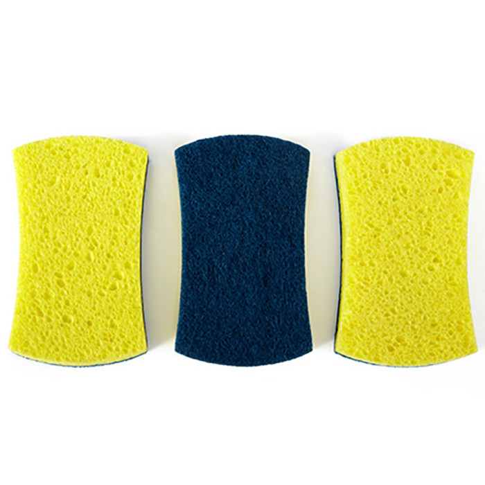 Three sponges in blue and yellow