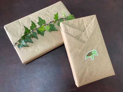 Two gifts wrapped in brown paper. One is adorned with ivy and the other has a turtle sticker on it.