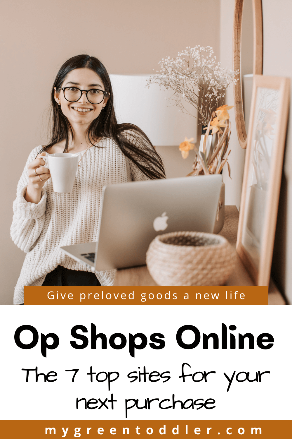 Online op shop Australia pin. Woman sitting in front of laptop holding a mug, smiling at the camera.