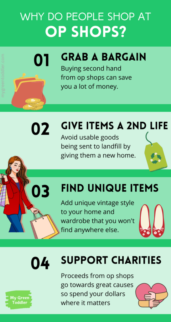 Reasons to op shop online Australia:
1. Grab a bargain
2. Give items a second life
3. Find unique items
4. Support charities