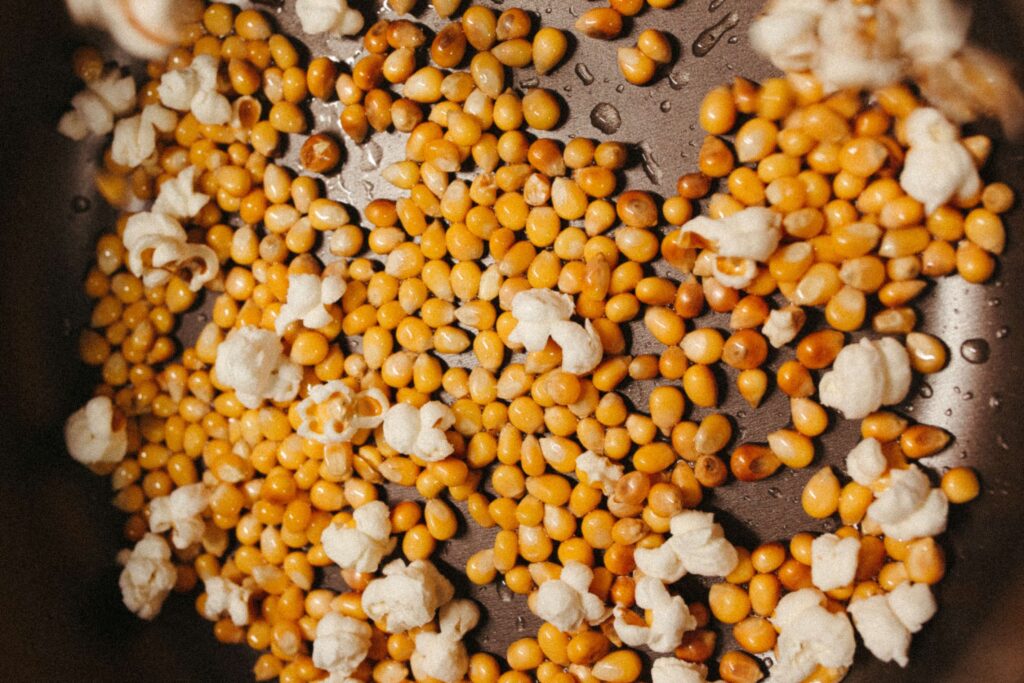 Popcorn and popcorn kernels in pan