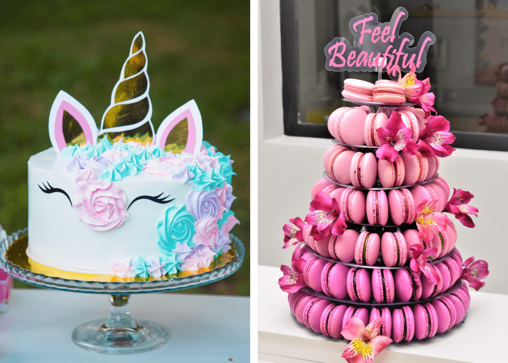 Unicorn cake and pink macaron tower