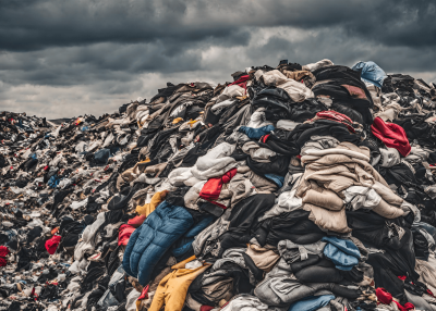 What is fast fashion? One aspect of fast fashion is that it is disposable.
Image of piles of discarded clothing in landfill.